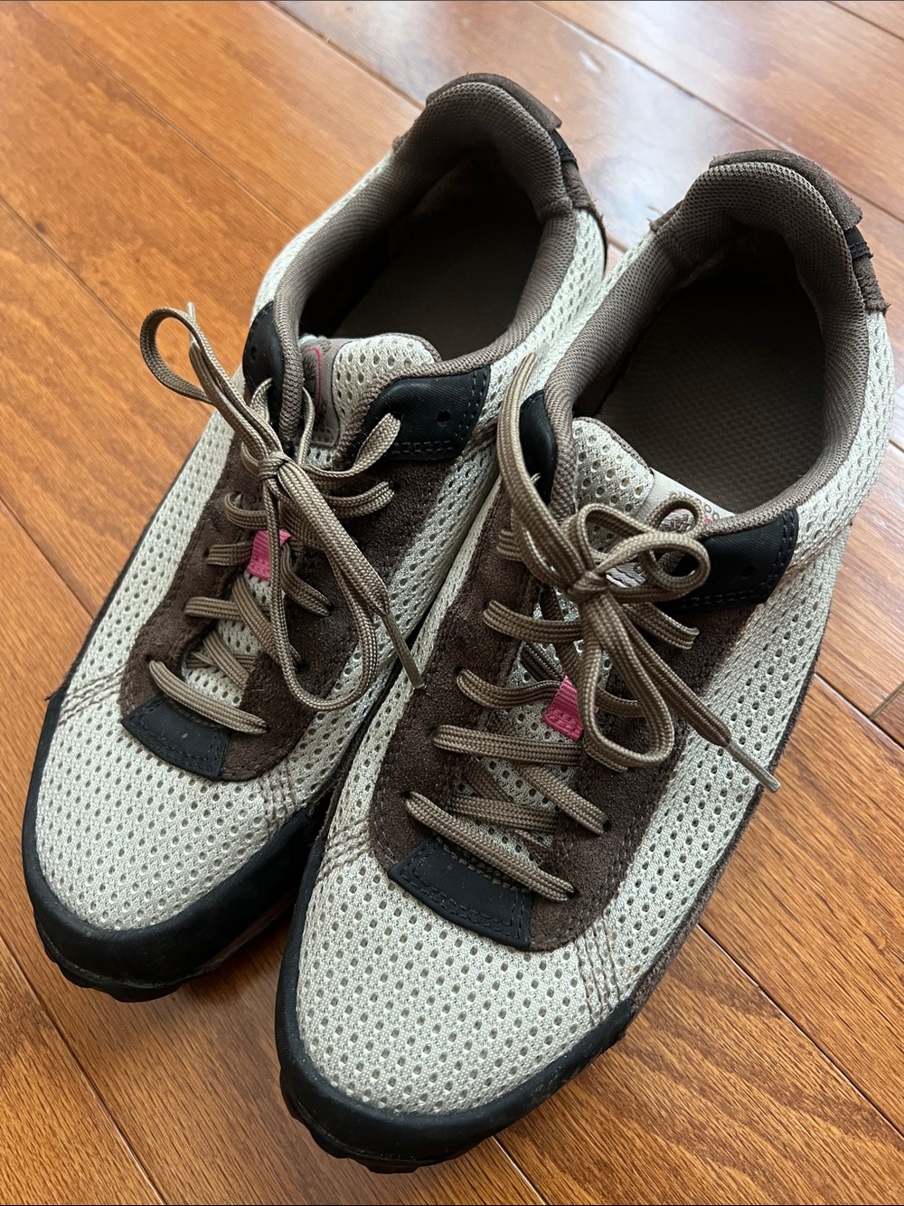 Timberland Beige Mesh and Brown Suede Lace-Up Sneakers with Pink Accent